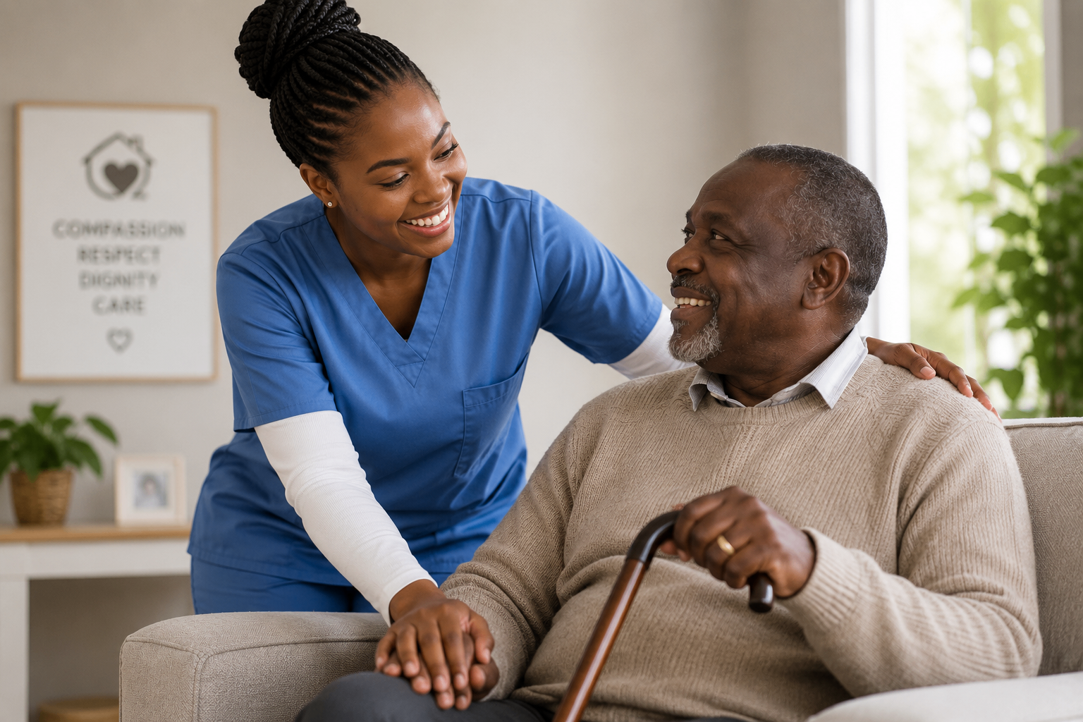 Aidante souriante prenant soin d'un aîné à la maison — compassion, confiance et dignité.